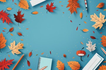 Autumn leaves and school supplies frame a blue background, creating a vibrant and inviting space for text or design.