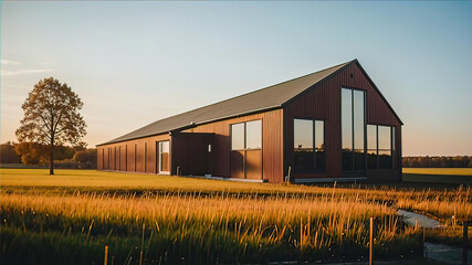 modern barn style building with large windows in nature, barhouse style house, 3D rendering. modern advanced technologies for the construction of modular houses,