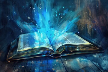 Canvas Print - An open book illuminated by blue lights on a wooden table