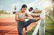 © KayJoint/peopleimages.com - Woman, stretching and smartwatch for fitness, heart rate and step count for running on track. Athlete, together and man or team for cardio, exercise and outdoor for workout with time and training