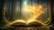 © Ragnar - Open antique book with magic glowing light spreading in a forest