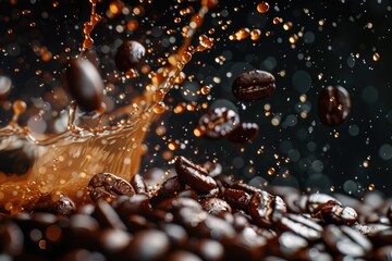 Poster - A close-up view of coffee beans falling into a bowl of water, creating ripples and splashes