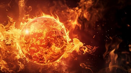 Poster - Flaming Cosmic Sphere: A Fiery Planet Amidst a Vortex of Flames