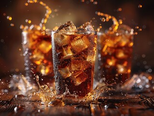 Wall Mural - 3 glasses of cola with ice cubes on a wooden table