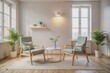 © Man888 - Empty modern psychotherapy room with two chairs, calm pastel colors, professional interior design, sharp focus, ample blank space for text or captions, serene atmosphere.