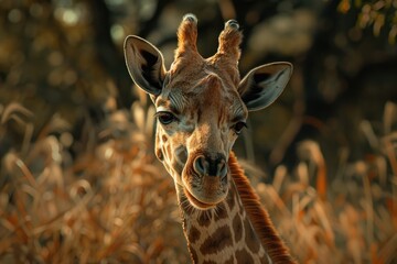 Poster - Close-up photo of a giraffe standing in a field of tall grass, with the sun shining down