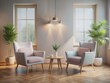 © Man888 - Serene psychotherapy room with two comfortable chairs, soft pastel colors, modern minimalist decor, and plenty of blank space, evoking feelings of calmness and professionalism.