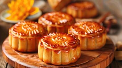 Moon cake for Mid autumn festival, Retro vintage style of Vietnamese traditional food and dessert.