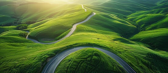 Sticker - Aerial View of Winding Road Through Lush Green Hills