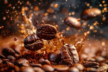 Poster - A close-up shot of coffee beans falling onto a pile of other coffee beans