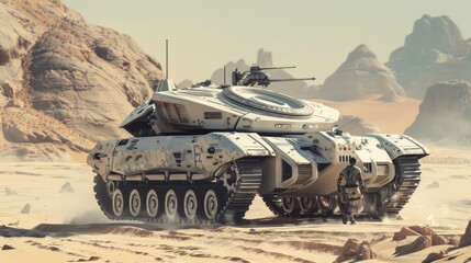 Futuristic High-Tech Tank Patrolling Desert Outpost with Modular Armor and Adaptable Weapon Systems - Realistic Military Concept Photo