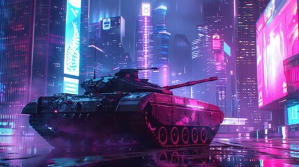 futuristic tank patrolling high-tech city - advanced weapons in urban landscape