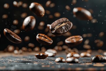 Wall Mural - A creative scene with a bunch of coffee beans suspended in mid-air, perfect for illustrations and designs related to food, beverage, or whimsical themes