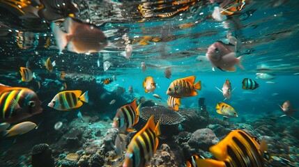 Underwater view with school of fish in ocean