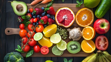 Assortment of fruits and vegetables on wooden chopping board