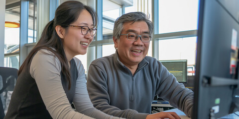 Leinwandbilder - Two software developers working together laughing at code on computer screen