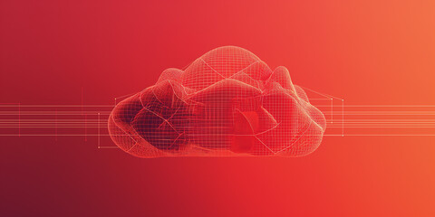 Poster - Red cloud computing wireframe connecting with data streams