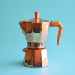 © Sekai - Exquisite Copper Italian Stovetop Espresso Maker with Turquoise Background for Stylish Coffee Making