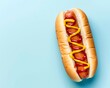 © AmazingArt - A delicious hot dog with mustard and ketchup, nestled in a soft bun, on a solid blue background