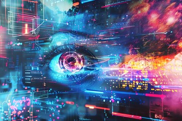 Abstract digital eye with neon lights and futuristic code.