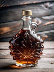Wall Mural - Transparent glass bottle with maple syrup on a wooden background.
