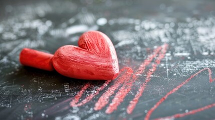 Poster - A single red heart drawn with chalk on a black surface