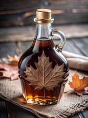 Wall Mural - Transparent glass bottle with maple syrup on a wooden background.
