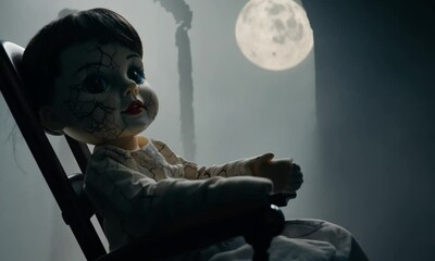 Canvas Print - A doll is sitting in a chair with a full moon in the background. Scene is eerie and mysterious 4K Video