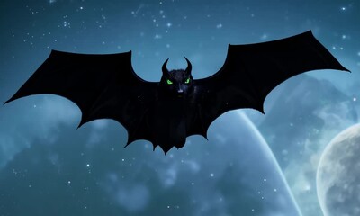 Wall Mural - A black bat flying over a blue moon. The sky is dark and the moon is full. The bat is the main focus of the image 4K Video