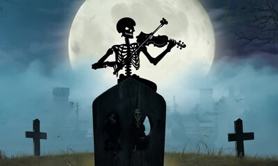 Wall Mural - A skeleton is playing a violin in front of a cemetery. The moon is in the background, and the cemetery is surrounded by trees. Scene is eerie and haunting 4K Video