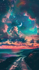 Wall Mural - black sky with stars, rainbow clouds in the distance, road leading to crescent moon, phone wallpaper, aesthetic, pastel colors, dreamy, ethereal 