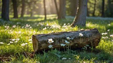 Wall Mural - Tree Log Lying on the Ground Middle of Lush Forest Wildflowers Golden Hour Bokeh Background