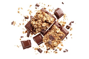 Poster - A messy pile of chocolate and granola on a white surface, perfect for a snack or dessert display