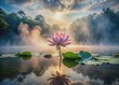 © Man888 - Serene morning mist veils a tranquil landscape as a lone lotus blooms, symbolizing the unfolding of higher awareness in the realm of inner silence.