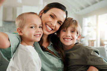 Poster - Love, selfie and smile with family on sofa in living room of home together for bonding, fun or game. Memory, profile picture or social media with happy mother and sibling boy children in apartment