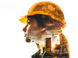 © oneli - young woman in a yellow construction helmet against the background of construction workshop