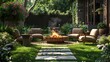© HARRY - A grass lawn with a cozy fire pit area surrounded by comfortable outdoor chairs.