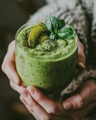 Wall Mural - photo of female hands holding green smoothie or other green vegetable smoothie , focus on drink