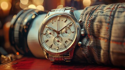 Closeup of a Silver Chronograph Watch on a Person's Wrist in Front of a Camera Lens