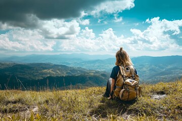 Hiker with backpack relaxing on top of a mountain and enjoying valley view  - Traveler woman exploring outdoor - Sport and travel concept, Generative AI
