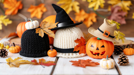 Wall Mural - autumnal Halloween background, decorated with a Jack-o-lantern, black halloween witch hat, pumpkins, and fallen leaves on a white wooden table, with a playful and whimsical feel