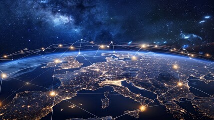 Wall Mural - earth from space showing the lights of cities and a network of connections over major countries, photorealistic 