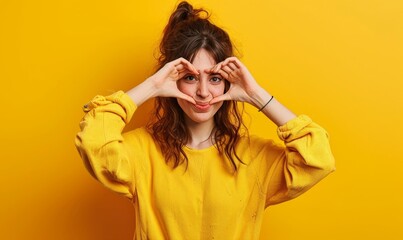 Happy brunette woman making heart symbol with hands posing isolated on bright yellow background, Generative AI