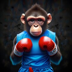 Wall Mural - nervous monkey in boxing gloves knock out ring blue red black clenched fist mammal cute angry bumm you see stars funny portrait beat you one match strong muscular you are done Generative ... See More
