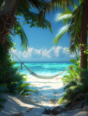 Wall Mural - fantasy tropical vacation, hammock at beach, palms at coast. Design for Wall Art, Poster Print, Wallpaper & Background