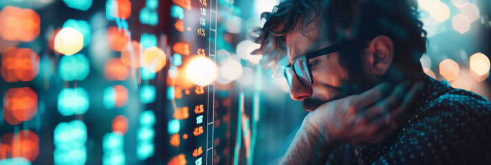 man analyzing data on computer screen in neon light