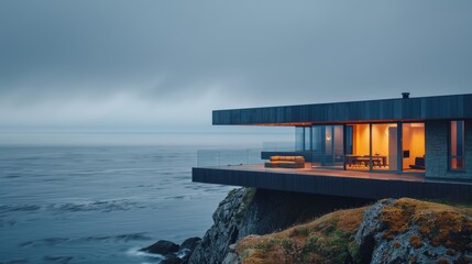 Poster - A sleek, minimalist residence extends out from the cliff, with a flat roof and full-height windows that offer a view from a cozy interior out onto the water