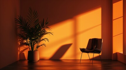 Wall Mural - minimalist black room scene, nice orange sunset lighting, 4k, ambience 