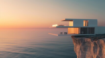 Wall Mural - modern style billioner house, 1000 sq meters, house is set in a cliff, only the windows visible, 1 floor, ocean cliff, ad magazine style, sunrise, view from ocean to the cliff 