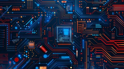 Modern electronic blueprint of a cutting-edge robotics project, with detailed components and circuitry on a digital interface, flat design illustration